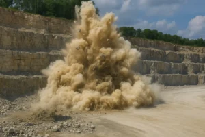 Voladura controlada en una cantera de áridos durante la fragmentación de roca, con nube de polvo y frente escalonado visible.