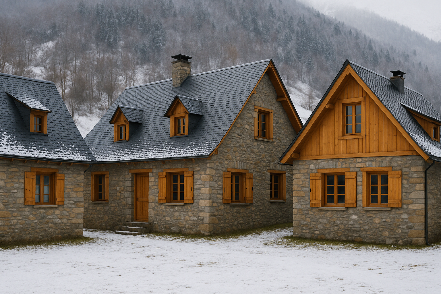 Casas tradicionales del Valle de Arán con fachadas de piedra, carpinterías de pino y cubiertas de pizarra bajo un entorno ligeramente nevado