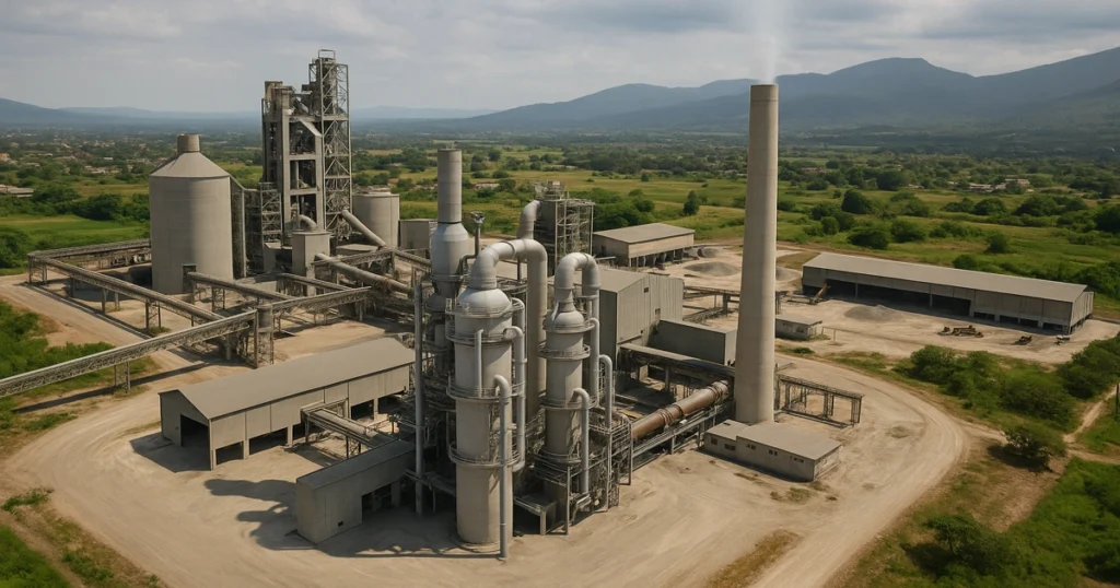 Planta de cemento en Sudamérica con sistemas de captura de CO₂ integrados en las chimeneas.