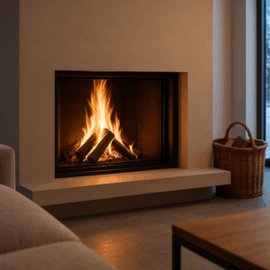 Chimenea moderna empotrada con fuego encendido en un salón cálido