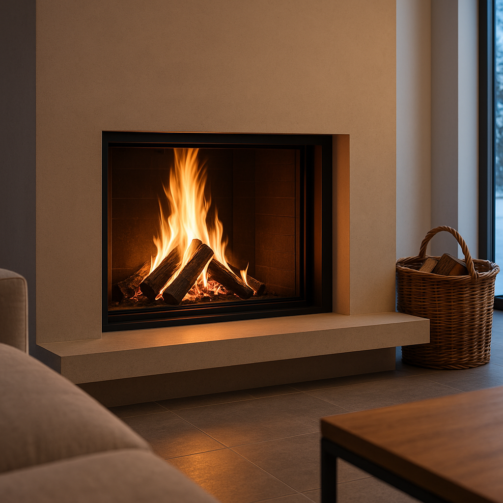 Chimenea moderna empotrada con fuego encendido en un salón cálido