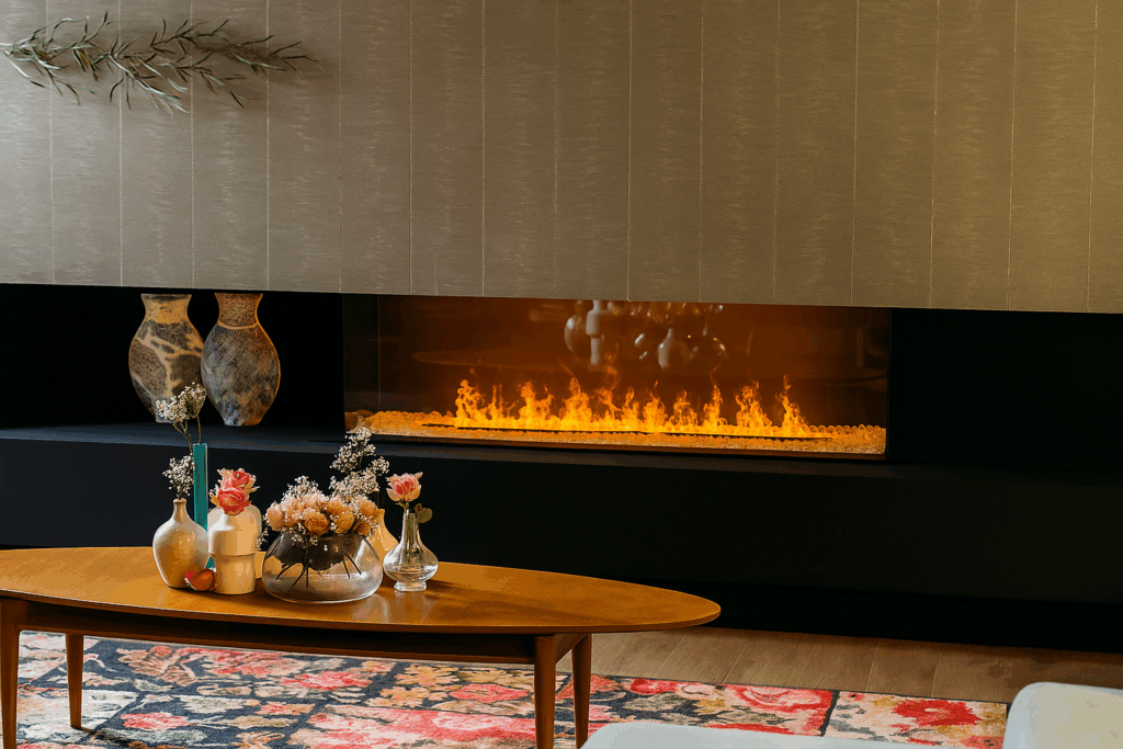 Chimenea eléctrica decorativa empotrada en salón urbano moderno