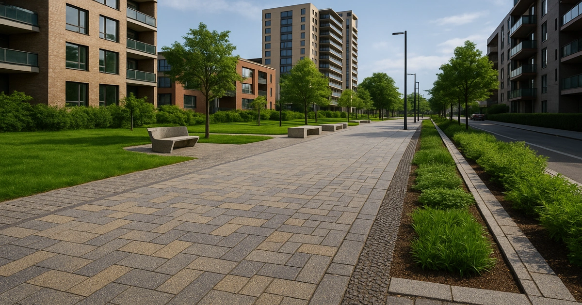 Vista a nivel de calle de una ciudad latinoamericana con pavimentos y mobiliario urbano fabricados con materiales reciclados.