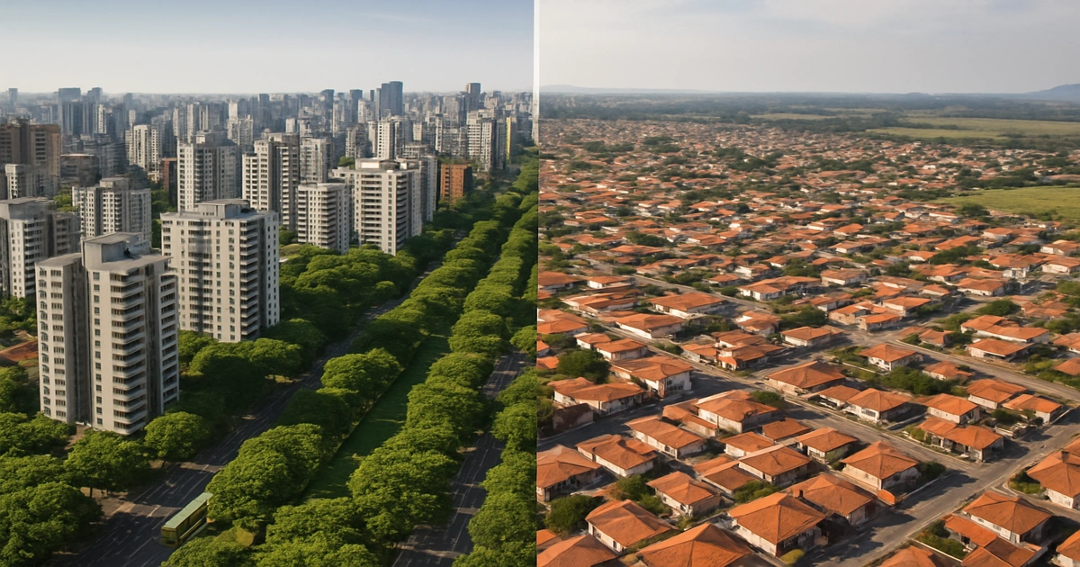 Vista aérea comparativa entre una ciudad compacta densa y una zona de expansión urbana en Latinoamérica.
