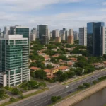 Edificios modernos y zonas urbanas de Latinoamérica fortalecidas frente a clima extremo, vistos desde un dron.