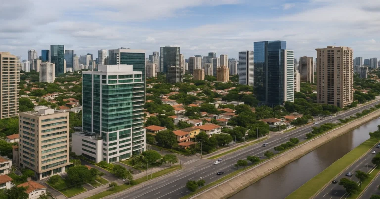 Edificios modernos y zonas urbanas de Latinoamérica fortalecidas frente a clima extremo, vistos desde un dron.