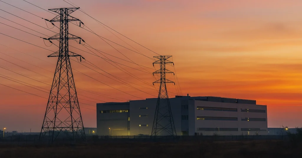 Data centers en México al atardecer con torres eléctricas que simbolizan la crisis energética de 2026