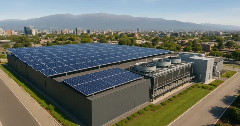 Centro de datos verde en Latinoamérica con paneles solares y sistema de refrigeración sin agua.