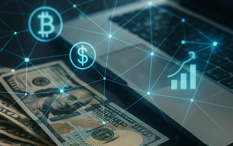 Representación conceptual de la democratización de la inversión con billetes y tecnología digital