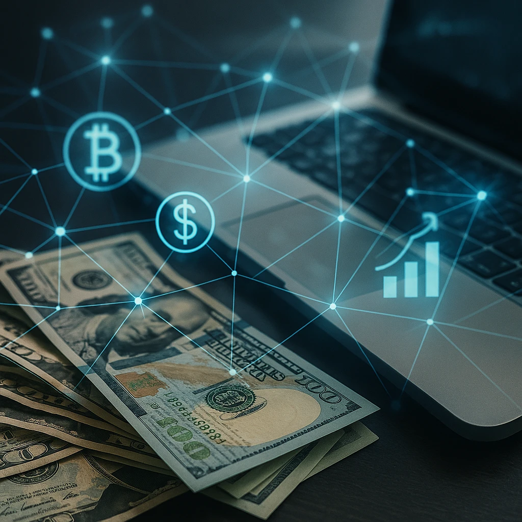 Representación conceptual de la democratización de la inversión con billetes y tecnología digital