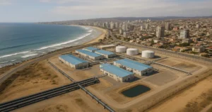 Planta desaladora urbana en la costa de Chile abasteciendo una ciudad costera con agua potable.