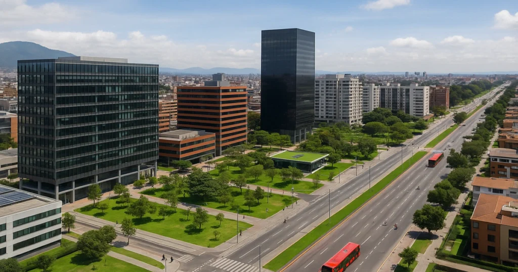 Distrito de innovación en una gran ciudad latinoamericana con oficinas tecnológicas, vivienda compacta y movilidad sostenible.