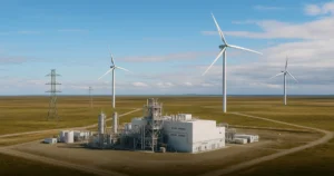 Planta Haru Oni de e-fuels en Magallanes, Chile, turbinas eólicas y líneas de transmisión