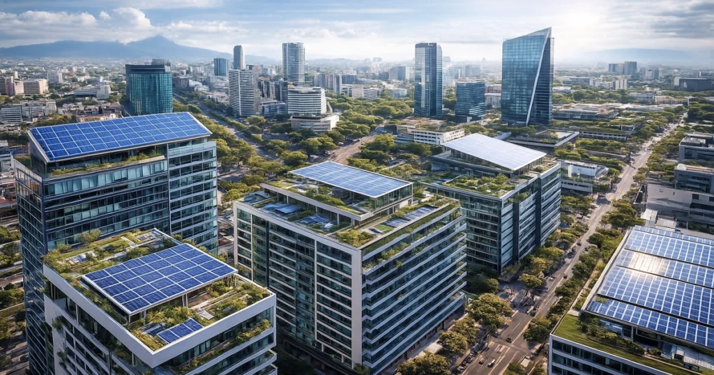 Edificios Net Zero en una ciudad latinoamericana con paneles solares, fachadas eficientes y terrazas verdes.