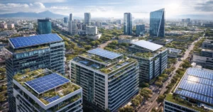 Edificios Net Zero en una ciudad latinoamericana con paneles solares, fachadas eficientes y terrazas verdes.