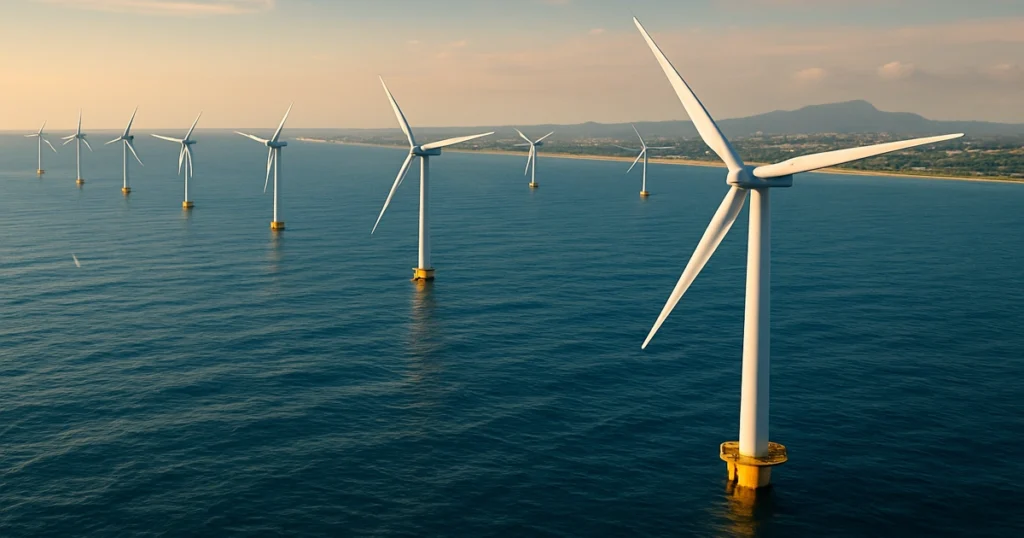 Parque eólico offshore frente a la costa de Brasil con turbinas marinas alineadas en el océano.