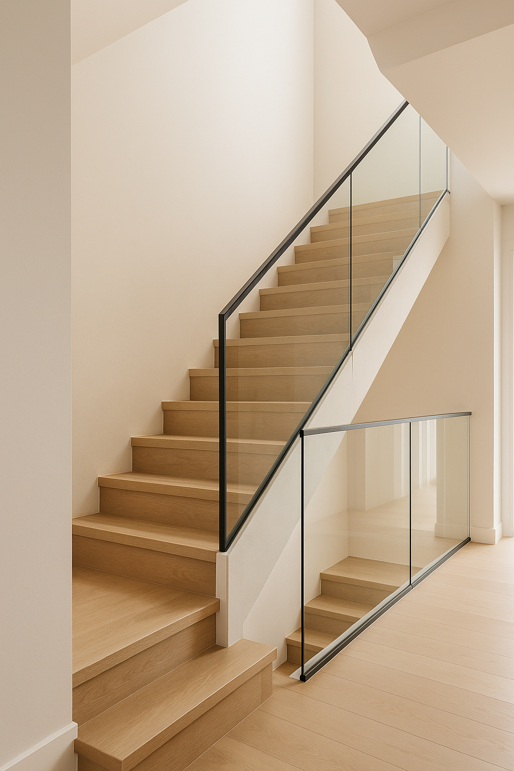 Escalera interior de vivienda con diseño moderno, peldaños de madera y barandilla de cristal sin montantes