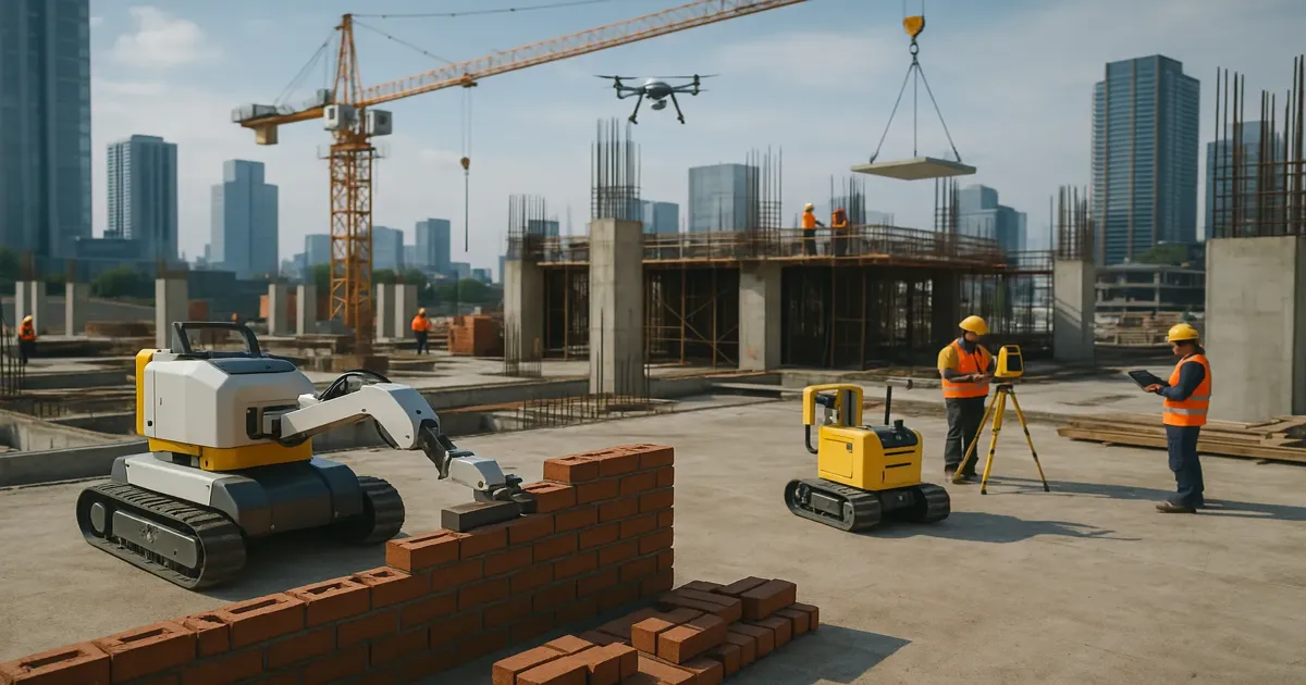obra de construcción en Latinoamérica con robots, drones y obreros trabajando juntos, ejemplo de Construcción 4.0