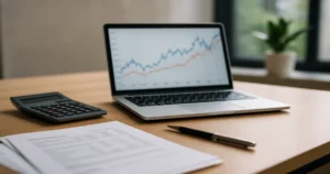 Mesa de trabajo con portátil y gráfico financiero utilizado para ilustrar la previsión Euríbor diciembre 2025