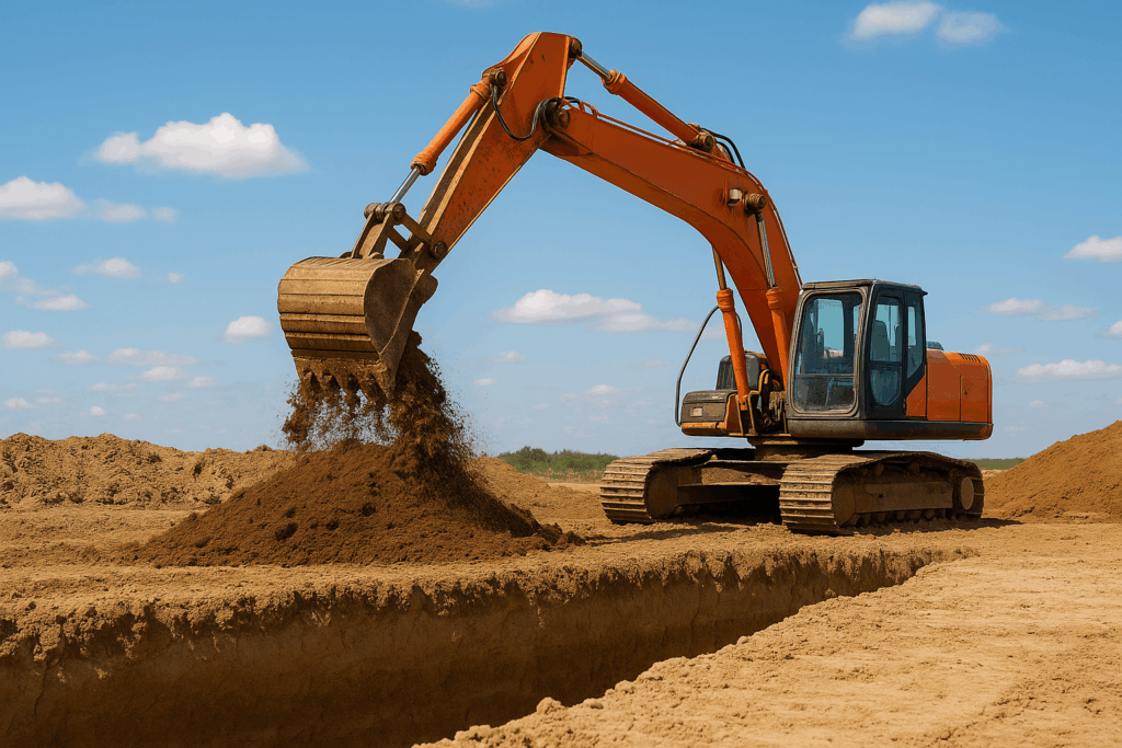 Excavadora esparciendo tierra para el relleno de una cimentación en obra