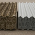 Dos pilas de placas onduladas: a la izquierda fibrocemento envejecido con amianto, a la derecha placas nuevas con fibras sintéticas