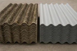 Dos pilas de placas onduladas: a la izquierda fibrocemento envejecido con amianto, a la derecha placas nuevas con fibras sintéticas