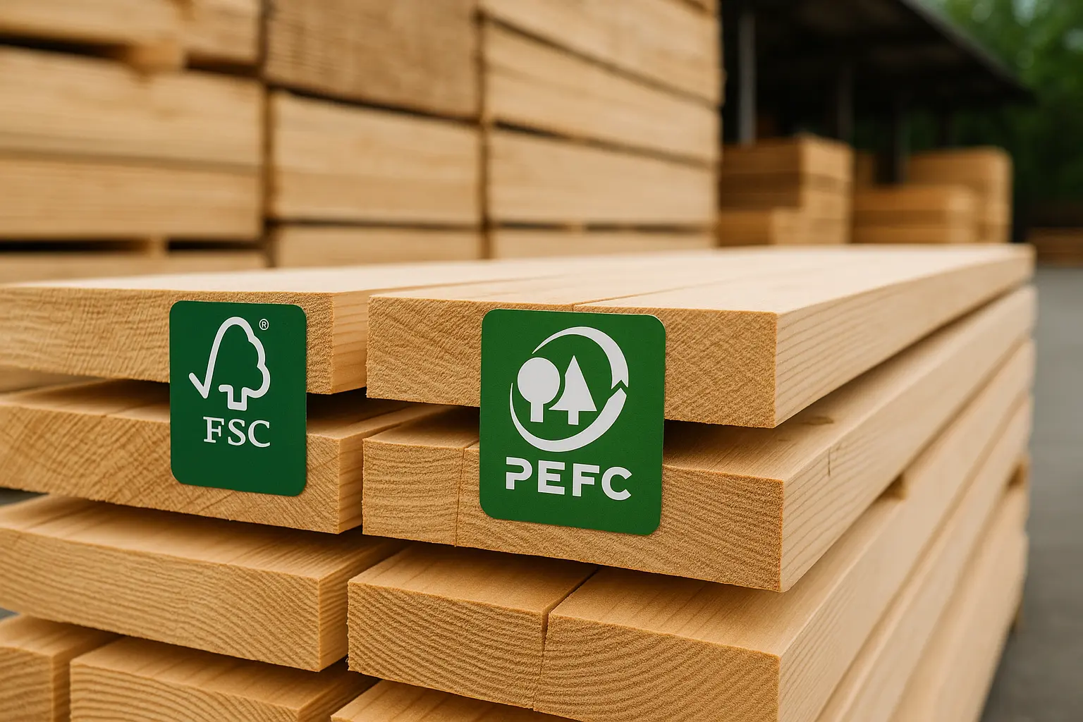 Madera certificada FSC y PEFC apilada en aserradero