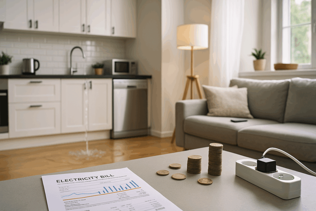 gastos invisibles del hogar representados en una vivienda con electrodomésticos, consumos y pequeños costes ocultos