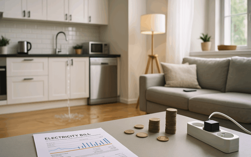 gastos invisibles del hogar representados en una vivienda con electrodomésticos, consumos y pequeños costes ocultos