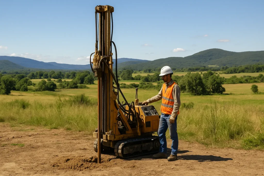Operario geotécnico con casco y chaleco reflectante realizando un sondeo de campo con perforadora montada sobre orugas, en terreno natural con colinas al fondo.