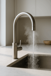 Grifo Quooker de acero cepillado dispensando agua hirviendo con vapor visible en cocina contemporánea