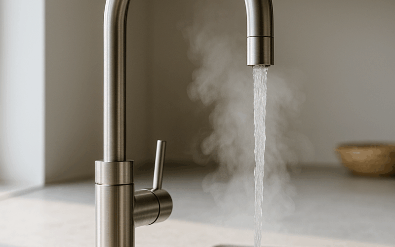 Grifo Quooker de acero cepillado dispensando agua hirviendo con vapor visible en cocina contemporánea