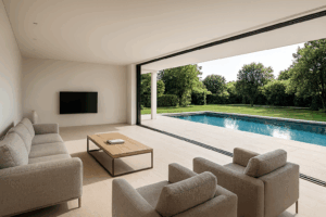 Salón minimalista con gran puerta corredera abierta que conecta con piscina y jardín