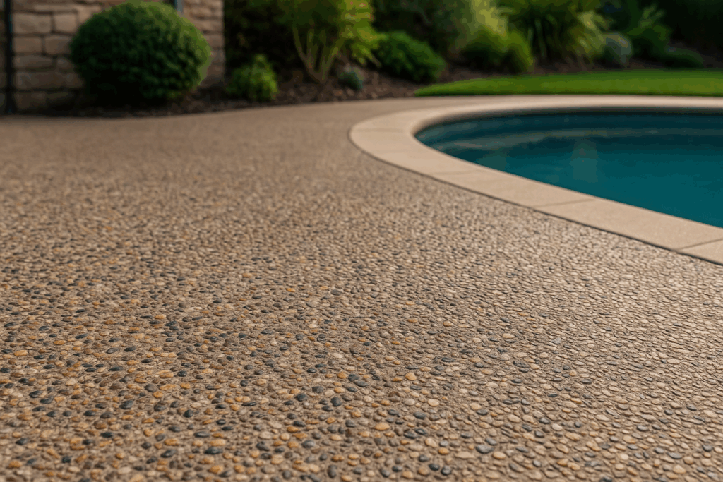 Pavimento de árido visto junto a una piscina con acabado de hormigón desactivado.