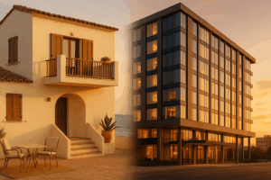 Comparativa visual entre una vivienda vacacional mediterránea y un hotel urbano moderno iluminados al atardecer.