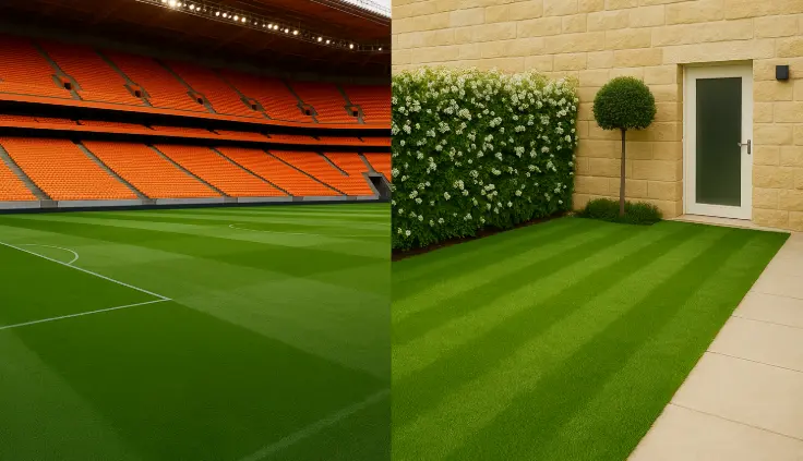 Comparación entre un estadio de fútbol con gradas naranjas y un jardín minimalista con casa de piedra amarilla y valla de boganvillas blancas.