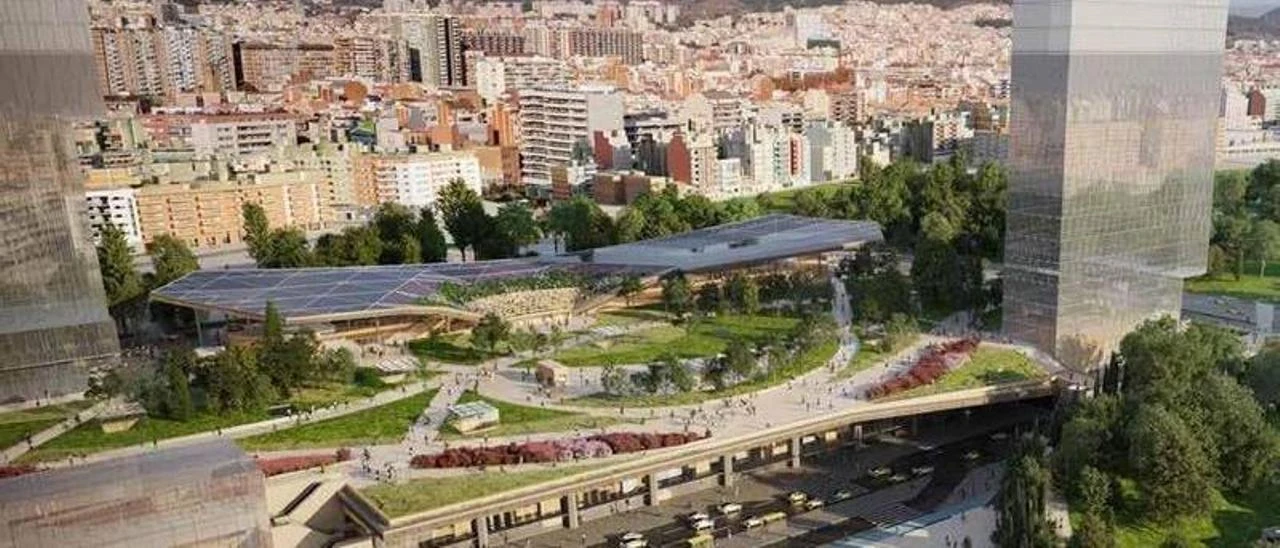 Vista aérea del proyecto urbano de La Sagrera Barcelona con la futura estación y zonas verdes