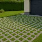 Losa trama o pavicesped instalada en acceso de garaje ecológico con césped natural