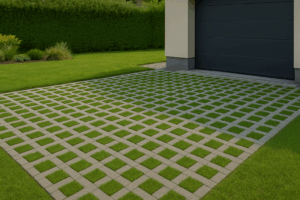 Losa trama o pavicesped instalada en acceso de garaje ecológico con césped natural