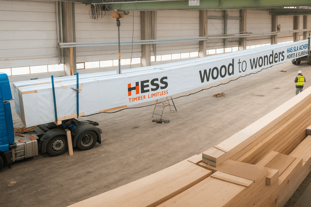 viga de madera laminada de 40 metros durante su transporte en una nave industrial