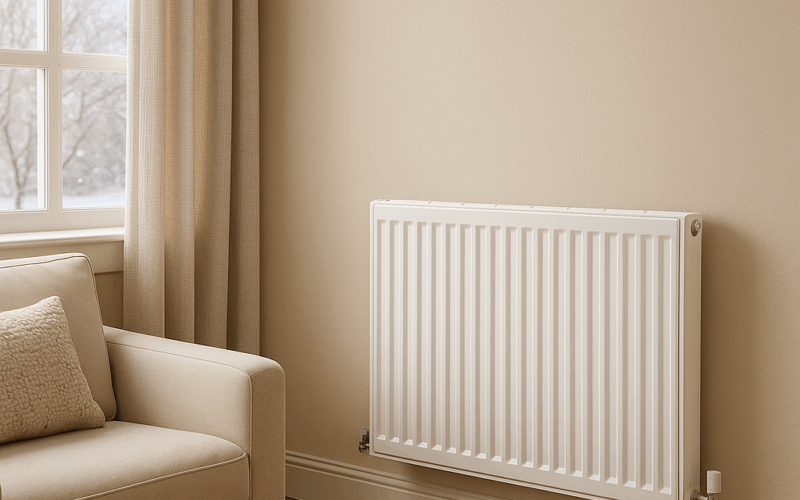 Radiador moderno en un salón cálido durante el invierno, con iluminación natural y decoración acogedora