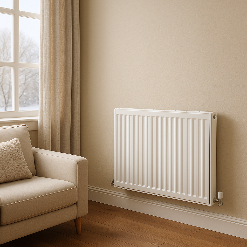 Radiador moderno en un salón cálido durante el invierno, con iluminación natural y decoración acogedora