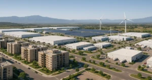 Microciudades industriales México con parques productivos, vivienda integrada y energía renovable vistos desde dron.