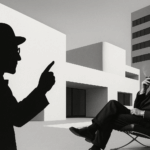 Retrato en blanco y negro de Mies van der Rohe fumando en una silla Barcelona mientras la silueta de Le Corbusier aparece señalando el espacio arquitectónico