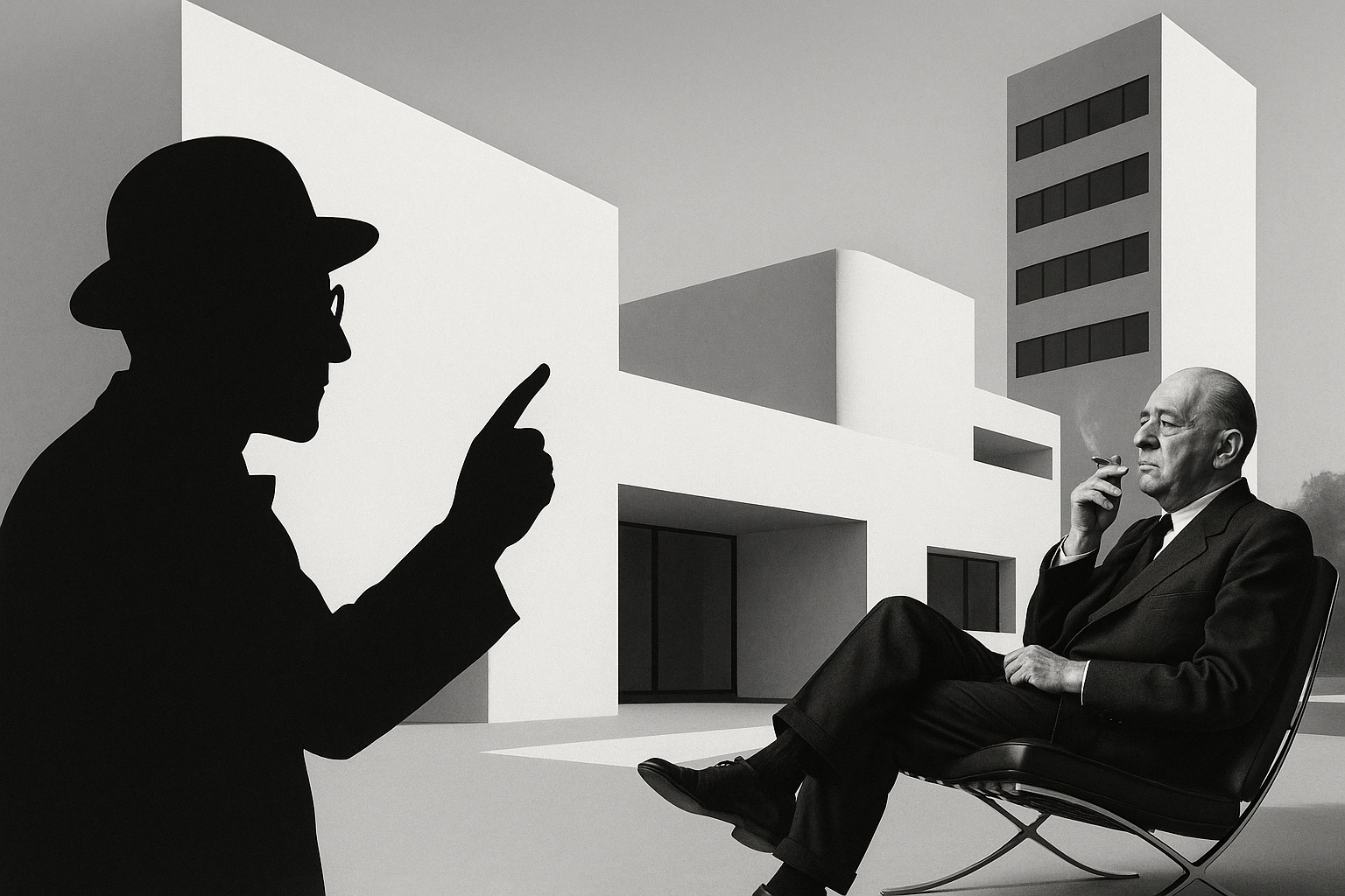 Retrato en blanco y negro de Mies van der Rohe fumando en una silla Barcelona mientras la silueta de Le Corbusier aparece señalando el espacio arquitectónico