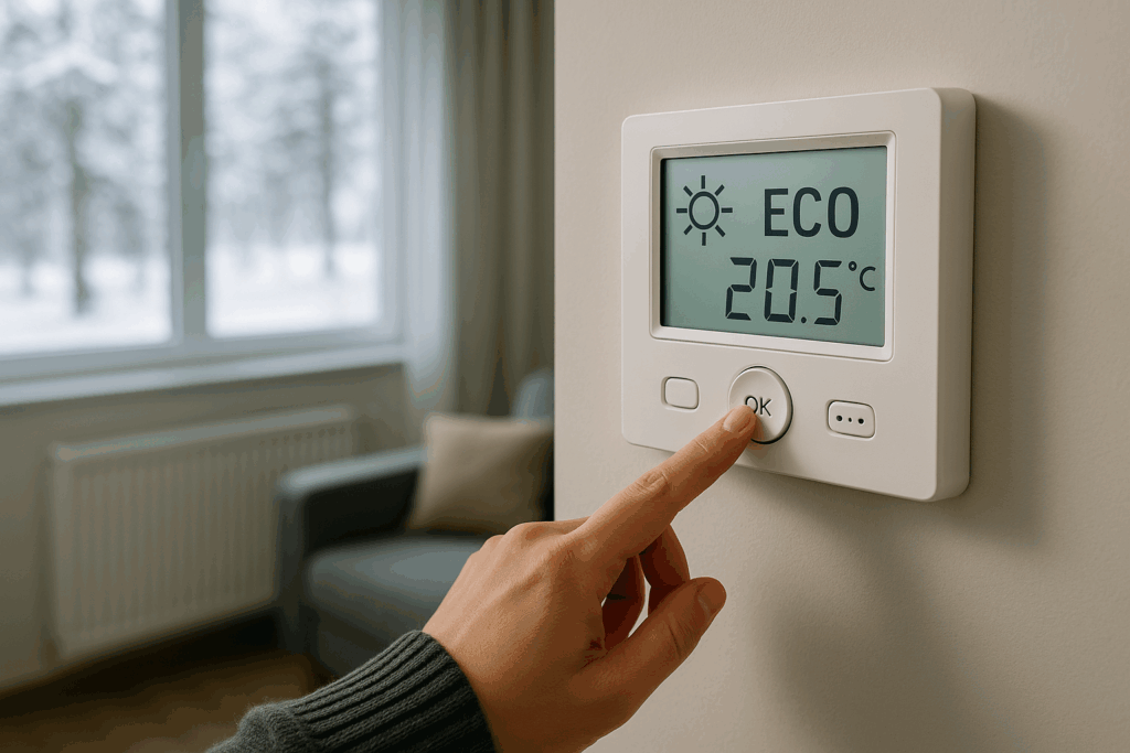 Termostato digital activado en modo eco inteligente para calefacción eficiente en invierno