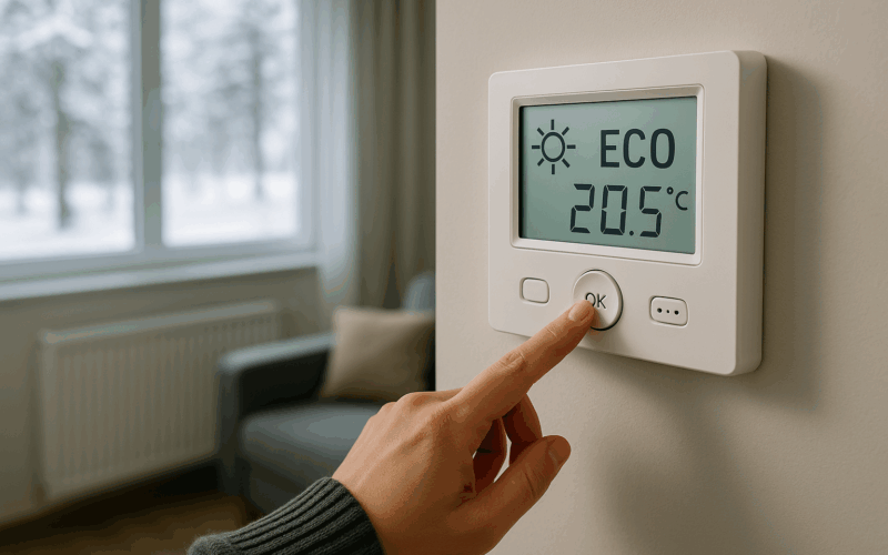 Termostato digital activado en modo eco inteligente para calefacción eficiente en invierno
