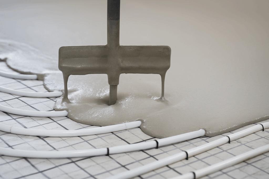 mortero autonivelante de anhidrita aplicado sobre suelo radiante hidráulico