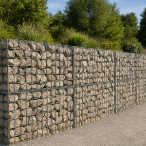 Muro de gaviones de piedra en un jardín moderno con vegetación mediterránea