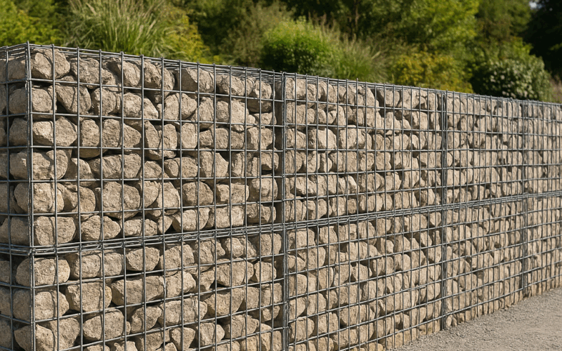 Muro de gaviones de piedra en un jardín moderno con vegetación mediterránea